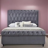 E- Furniture | Mario Upholstered Teak Queen Size Bed Without Storage, Grey Color - E-FURNITURE