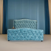 E-Furniture | Bella Upholstered Teak Queen Size Bed without Storage