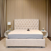 E-Furniture | Johnny Upholstered Teak Queen Size Bed hydraulic Storage, Cream