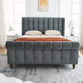 Regal Elegance with the E-Furniture Queen Size Velvet Upholstered Sleigh Bed In Grey Color