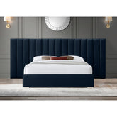 E-Furniture Luxury Upholstered Bed with Velvet Headboard, Teak Wood Frame In Blue color