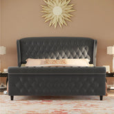 E-Furniture King Size Velvet Upholstered Sleigh Bed with Tufted Headboard & Footboard, Curved Design, In grey Color