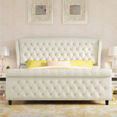 E-Furniture King Size Velvet Upholstered Sleigh Bed with Tufted Headboard & Footboard, Curved Design, Cream color