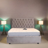 E- Furniture | johnny Upholstered Teak Queen size Bed without Storage, Grey Color - E-FURNITURE