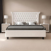 Regal Velvet Queen Bed with Winged Headboard and Button Tufting