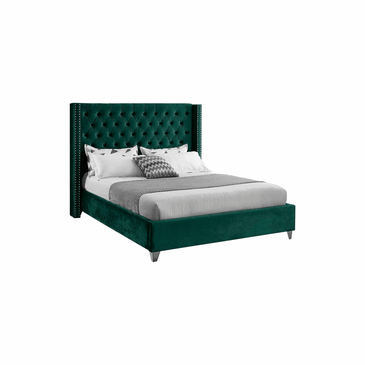 E-FURN ITURE Romeo Upholstered Bed In Queen in Green Color