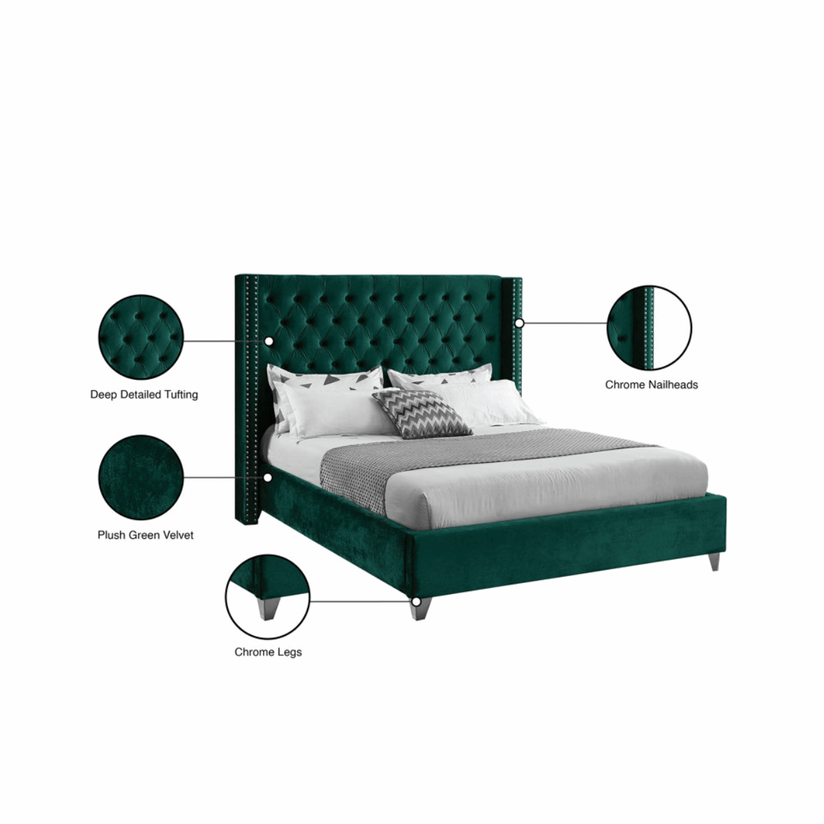 E-FURN ITURE Romeo Upholstered Bed In Queen in Green Color