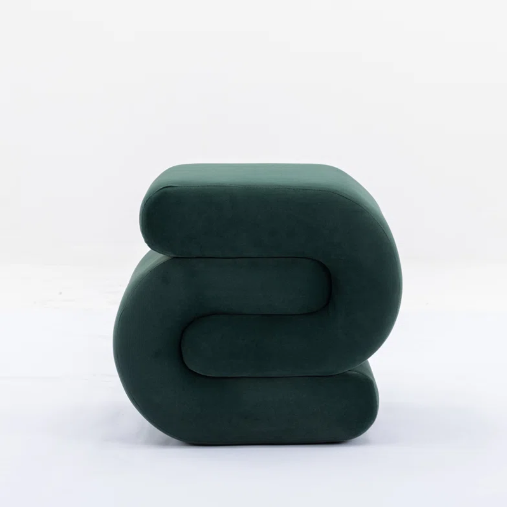 Modern Sculptural Velvet Ottoman – Premium Green | Solid Wood Frame | Designer Accent Stool