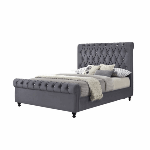 E- Furniture | Mario Upholstered Teak King Size Bed Without Storage, Grey Color - E-FURNITURE