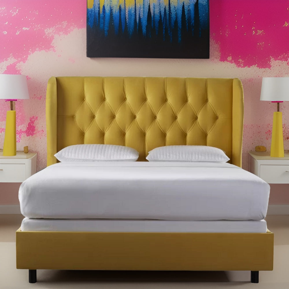 E-Furniture Rome Queen size Non storage upholstered bed in Yellow color - E-FURNITURE