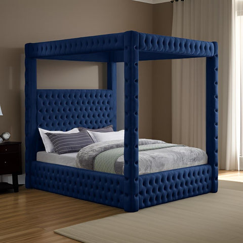 E-Furniture Alice Queen Size Non Storage Canopy Upholstered Bed In Navy Blue Color