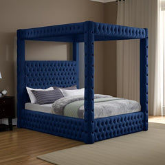 E-Furniture Alice Queen Size Non Storage Canopy Upholstered Bed In Navy Blue Color