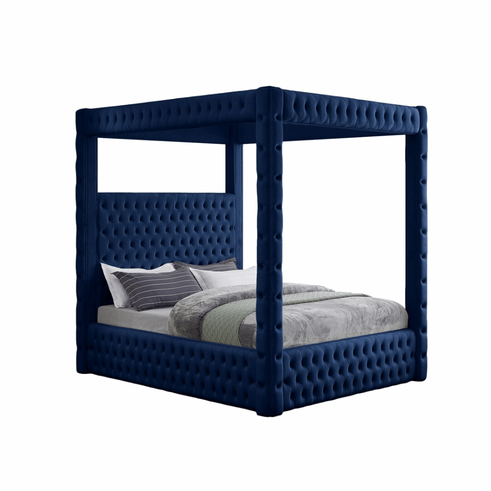 E-Furniture Alice Queen Size Non Storage Canopy Upholstered Bed In Navy Blue Color