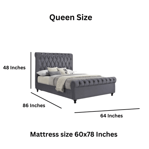 E- Furniture | Mario Upholstered Teak Queen Size Bed Without Storage, Grey Color - E-FURNITURE