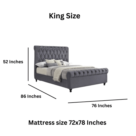 E- Furniture | Mario Upholstered Teak King Size Bed Without Storage, Grey Color - E-FURNITURE