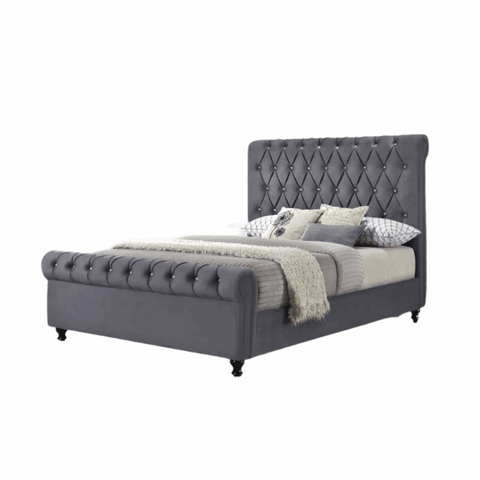 E- Furniture | Mario Upholstered Teak Queen Size Bed Without Storage, Grey Color - E-FURNITURE