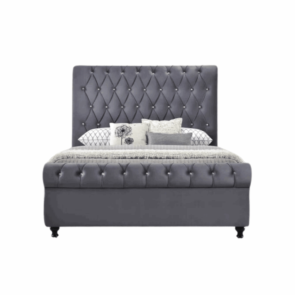 E- Furniture | Mario Upholstered Teak King Size Bed Without Storage, Grey Color - E-FURNITURE