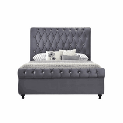E- Furniture | Mario Upholstered Teak King Size Bed Without Storage, Grey Color - E-FURNITURE