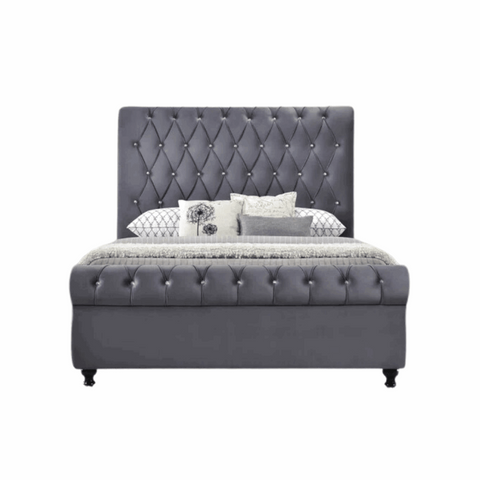 E- Furniture | Mario Upholstered Teak Queen Size Bed Without Storage, Grey Color - E-FURNITURE