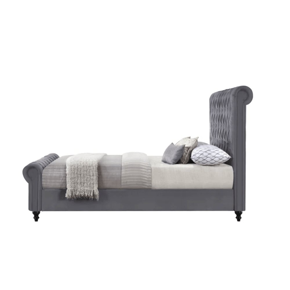 E- Furniture | Mario Upholstered Teak Queen Size Bed Without Storage, Grey Color - E-FURNITURE