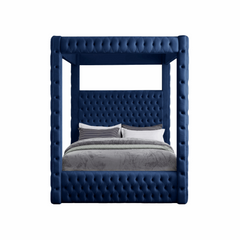 E-Furniture Alice Queen Size Non Storage Canopy Upholstered Bed In Navy Blue Color