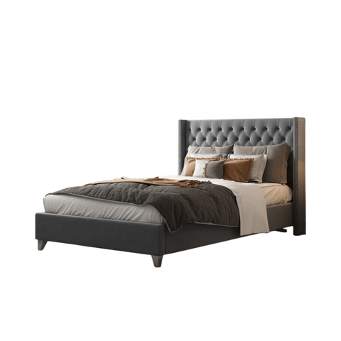 E-FURNITURE York Queen Size Without Storage Upholstered Bed In Grey Color - E-FURNITURE