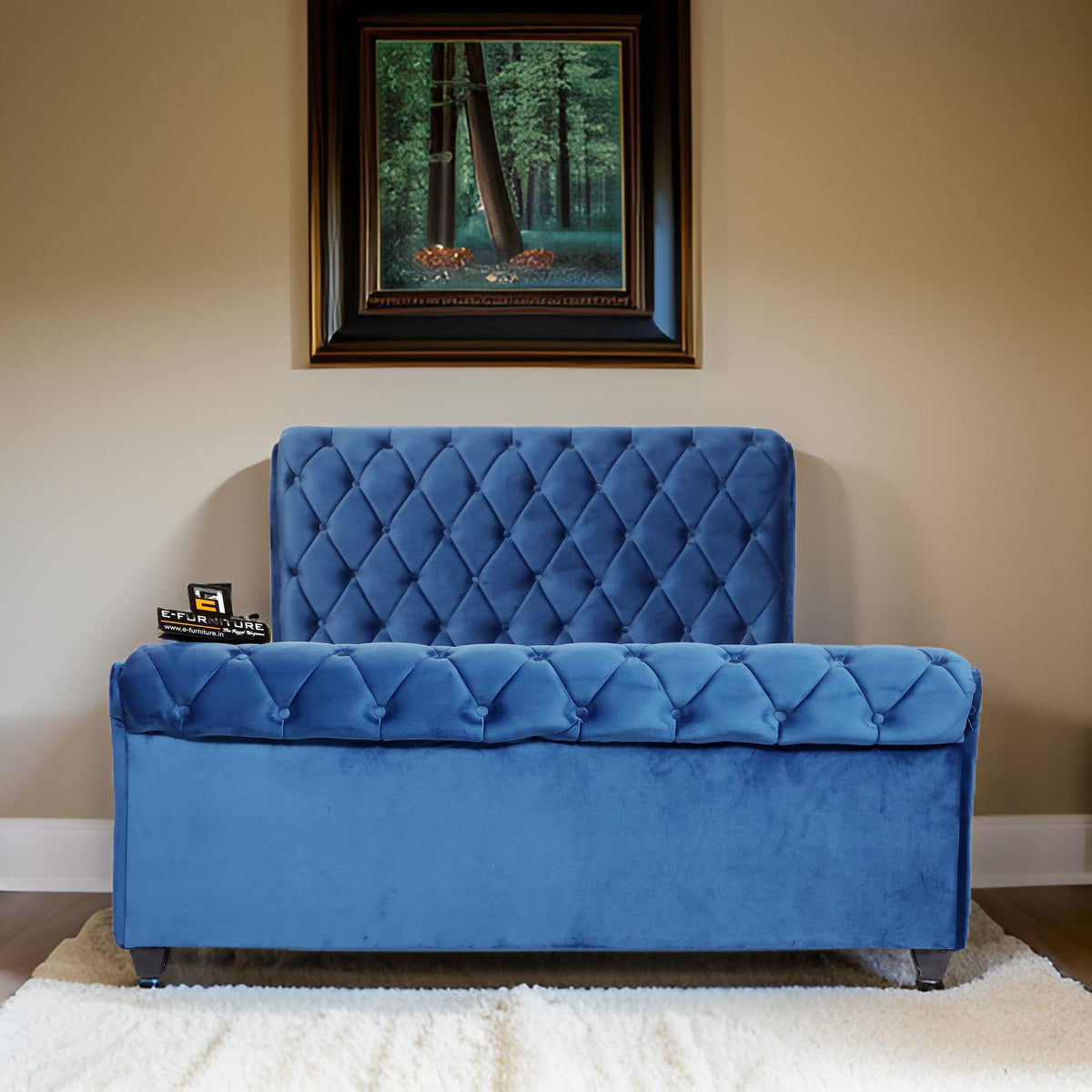 E-Furniture | Athena Upholstered Teak Queen Size Bed without Storage, Royal Blue