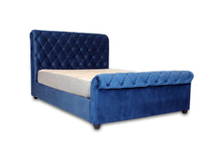 E-Furniture | Athena Upholstered Teak Queen Size Bed without Storage, Royal Blue