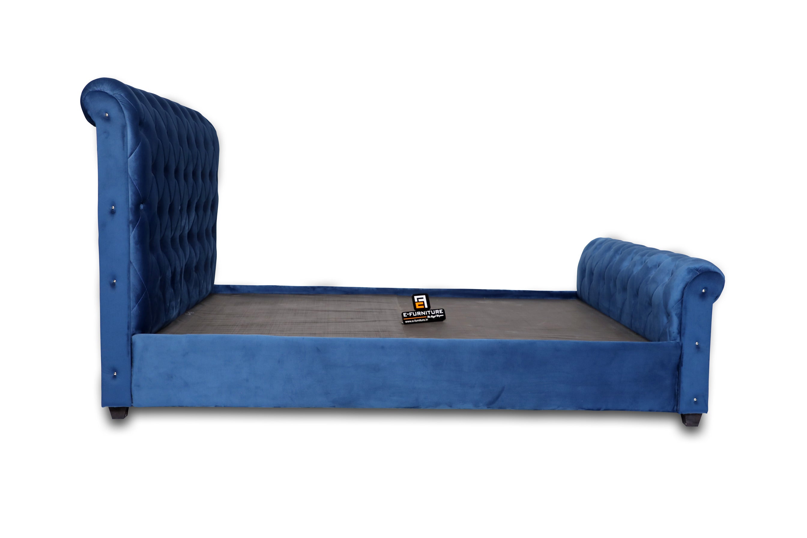 E-Furniture | Athena Upholstered Teak Queen Size Bed without Storage, Royal Blue