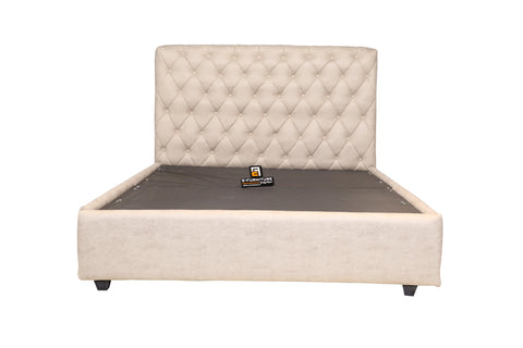 E-Furniture | Johnny Upholstered Teak Queen Size Bed hydraulic Storage, Cream