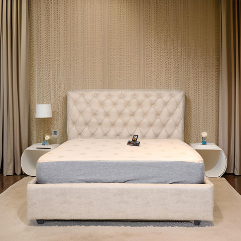 E-Furniture | Johnny Upholstered Teak Queen Size Bed hydraulic Storage, Cream