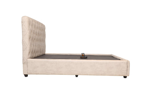 E-Furniture | Johnny Upholstered Teak Queen Size Bed hydraulic Storage, Cream