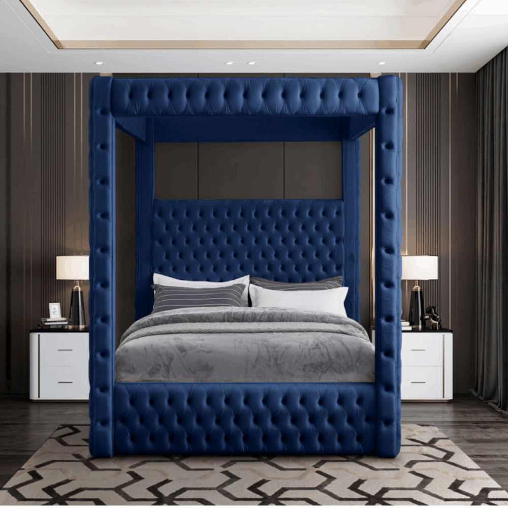 E-Furniture Alice Queen Size Non Storage Canopy Upholstered Bed In Navy Blue Color