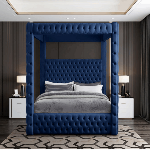 E-Furniture Alice Queen Size Non Storage Canopy Upholstered Bed In Navy Blue Color