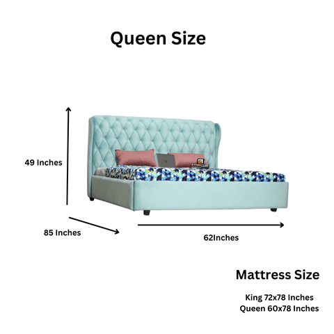 E-FURNITURE Berlin Queen Size without storage upholstered bed in Teal Color - E-FURNITURE