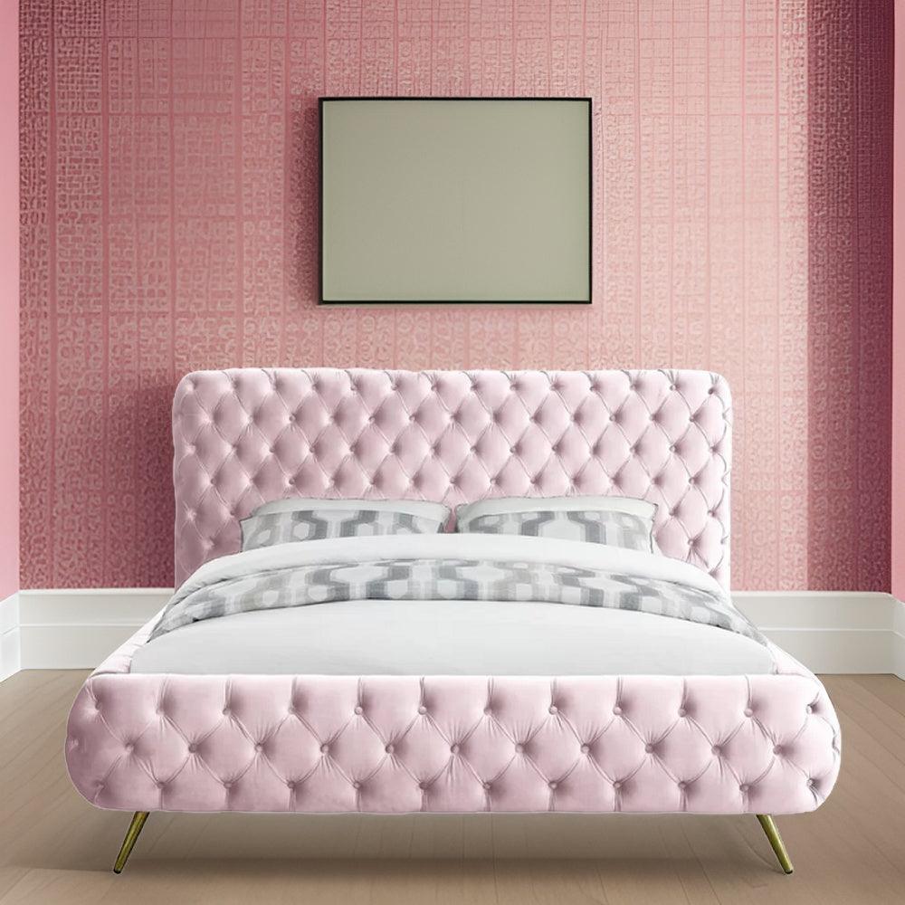 E-Furniture Paris Queen size Non storage upholstered bed in Pink color - E-FURNITURE