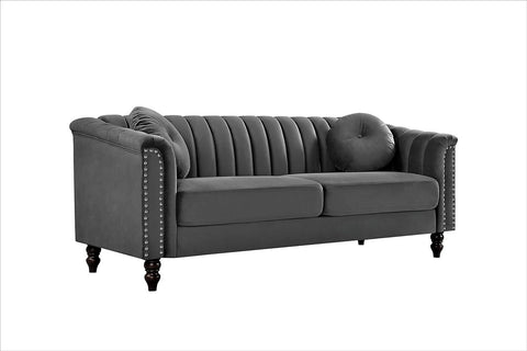 E-FURNITURE Luther 3 seater couch velvet Finish In Grey Colour Grey