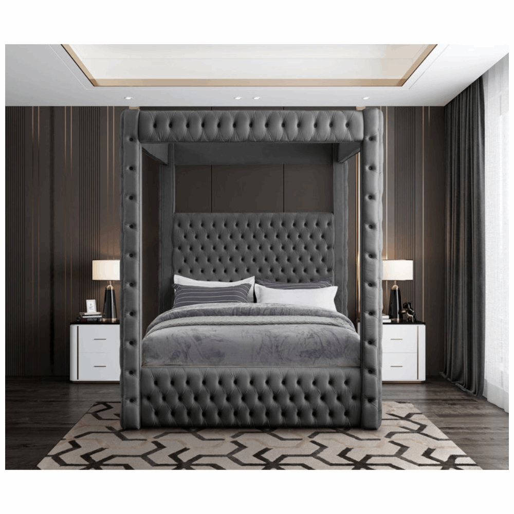 E-Furniture Alex Queen Size Non Storage Canopy Upholstered Bed In Grey Color