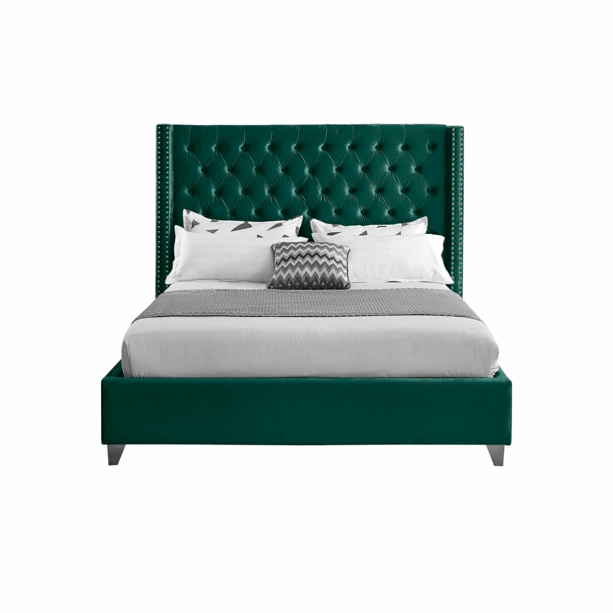 E-FURN ITURE Romeo Upholstered Bed In Queen in Green Color