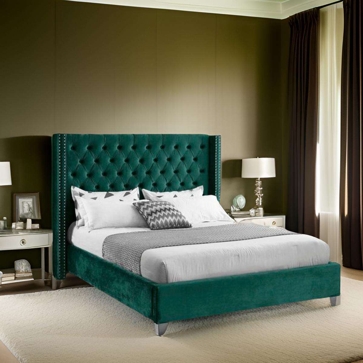 E-FURN ITURE Romeo Upholstered Bed In Queen in Green Color