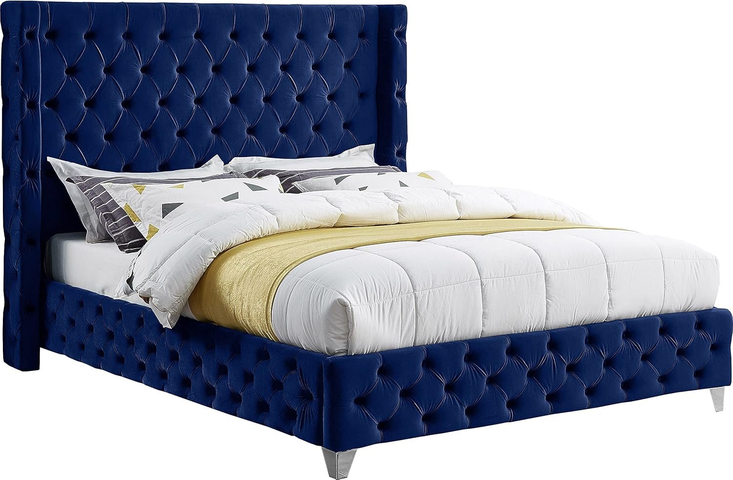 LoftSpace King Size Bed with Premium Velvet Fabric, Teak Wood Frame  - Royal Blue