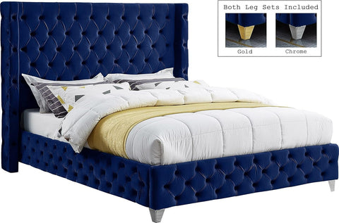 LoftSpace Queen Size Bed with Premium Velvet Fabric, Teak Wood Frame  - Royal Blue (Copy)