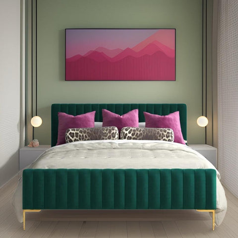 E-Furniture Spain Queen Size Non Storage Upholstered Bed In Green Color - E-FURNITURE