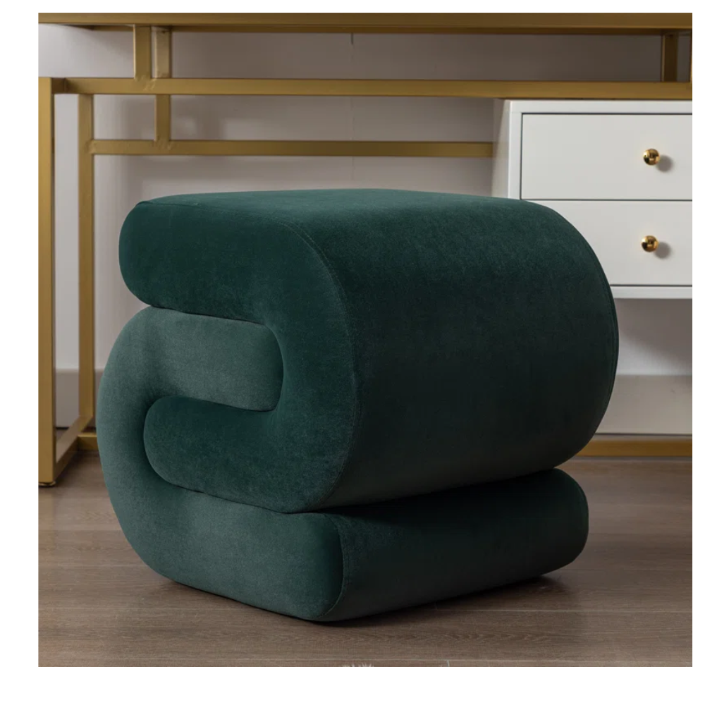 Modern Sculptural Velvet Ottoman – Premium Green | Solid Wood Frame | Designer Accent Stool