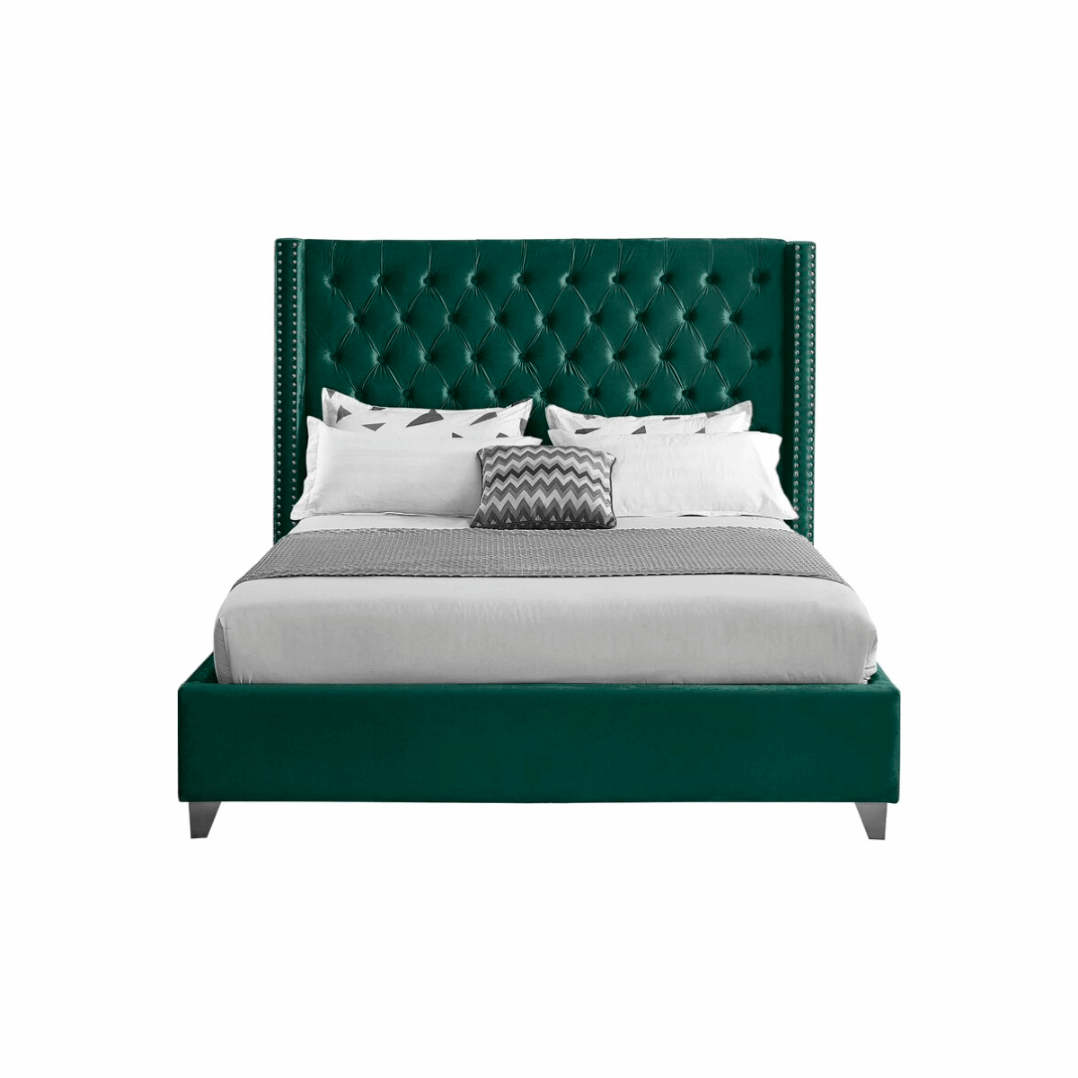 E-FURN ITURE Romeo Upholstered Bed In Queen in Green Color