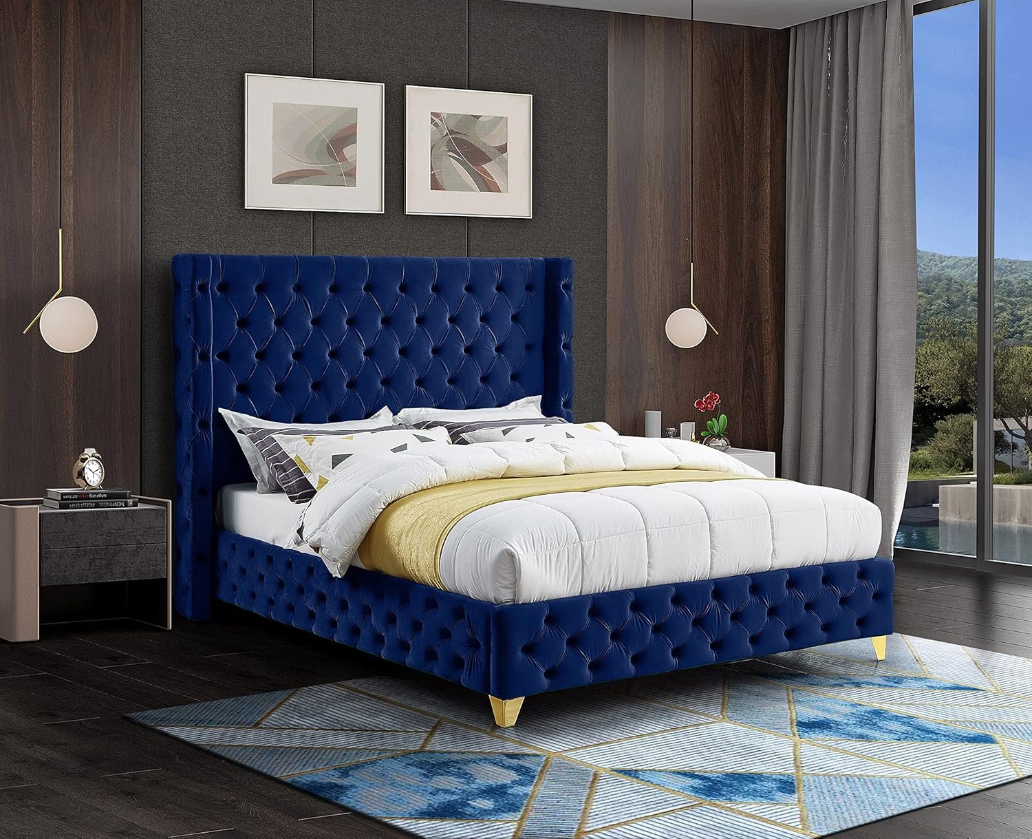 LoftSpace King Size Bed with Premium Velvet Fabric, Teak Wood Frame  - Royal Blue
