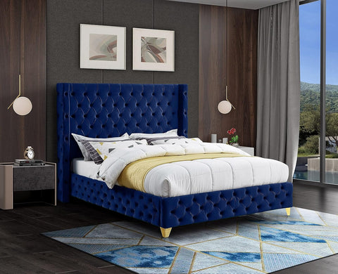 LoftSpace Queen Size Bed with Premium Velvet Fabric, Teak Wood Frame  - Royal Blue (Copy)