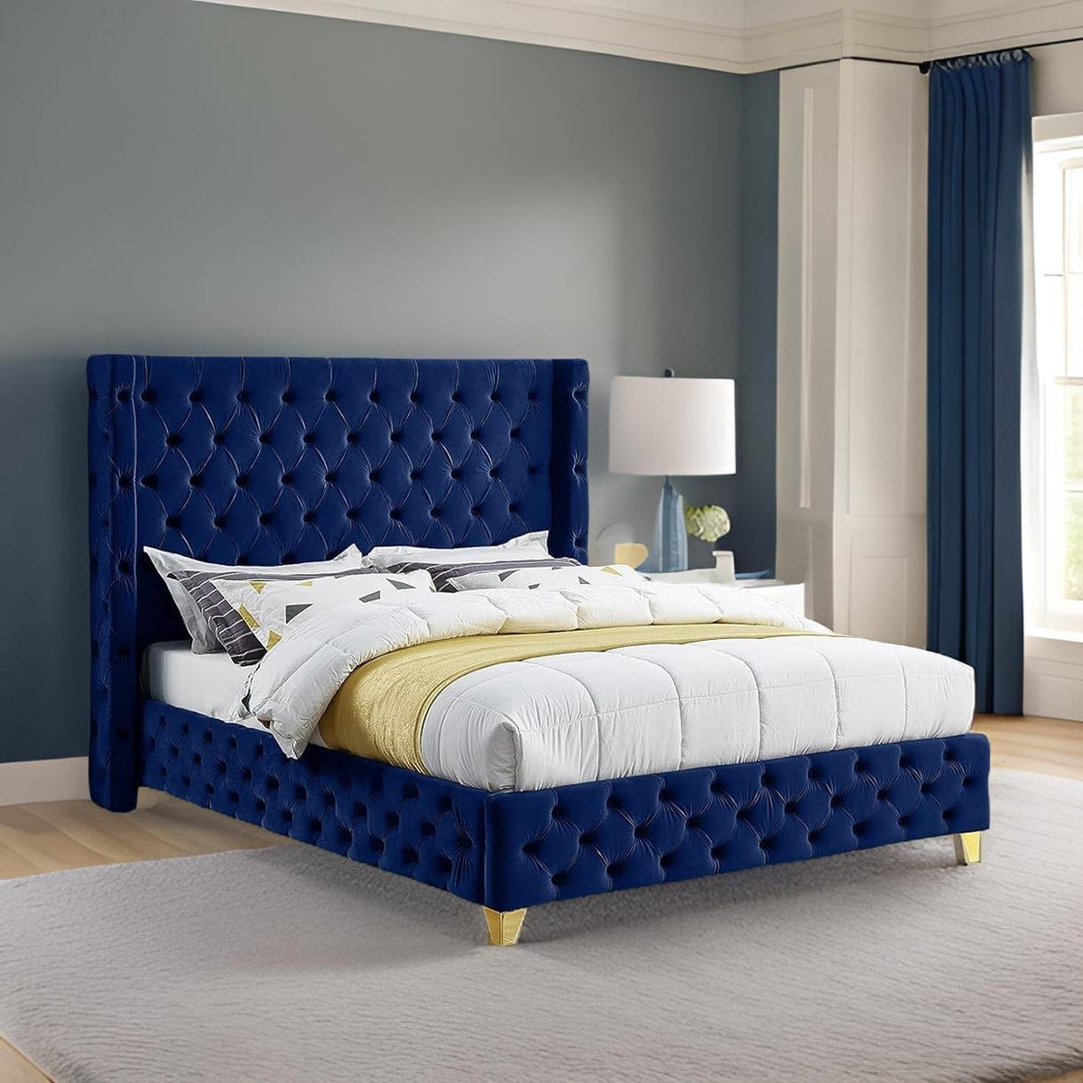 LoftSpace Queen Size Bed with Premium Velvet Fabric, Teak Wood Frame  - Royal Blue (Copy)