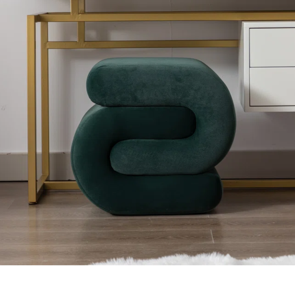 Modern Sculptural Velvet Ottoman – Premium Green | Solid Wood Frame | Designer Accent Stool