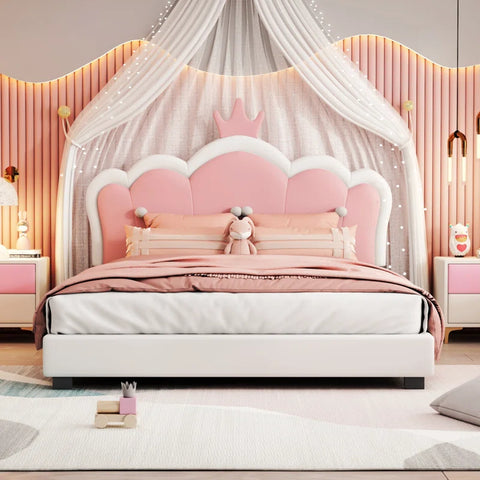 E-Furniture Microsoft Office White and Gold Upholstered Bed – Elegant Fabric Platform Bed